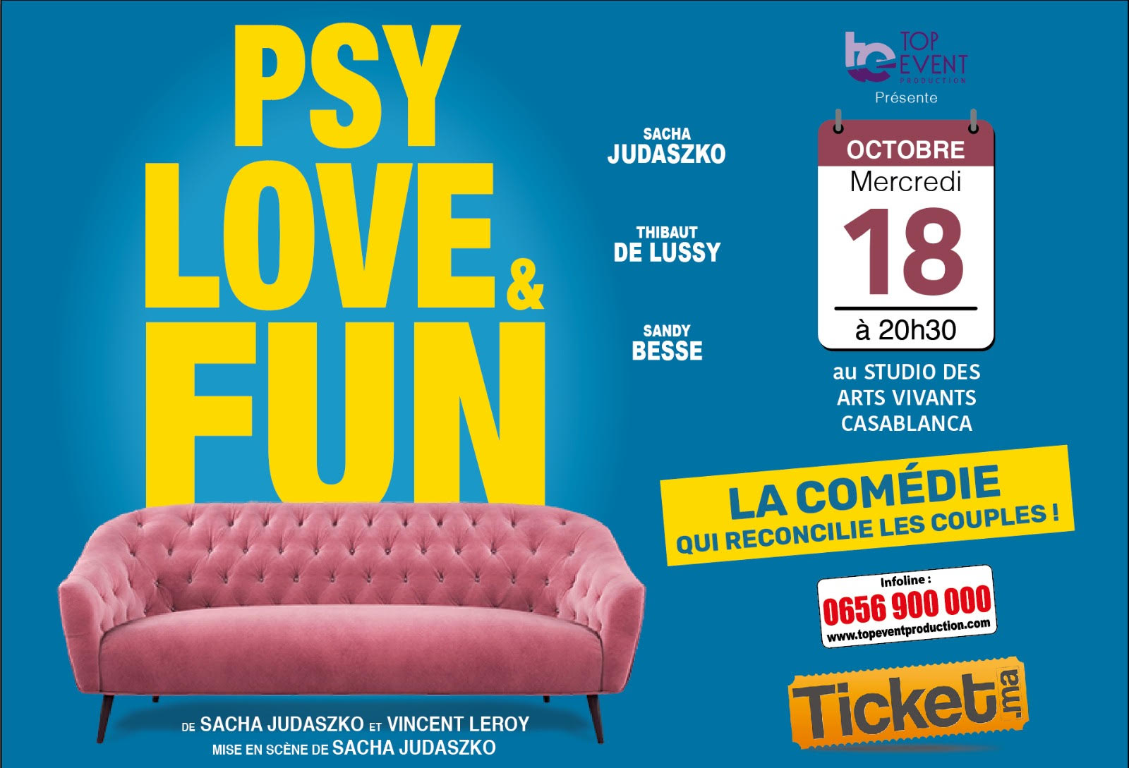 Théâtre : « Psy, Love & Fun » (18 octobre Studio des Arts Vivants Casablanca)